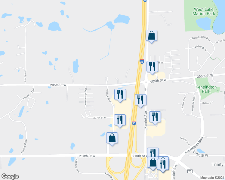 map of restaurants, bars, coffee shops, grocery stores, and more near 20520 Keokuk Avenue in Lakeville