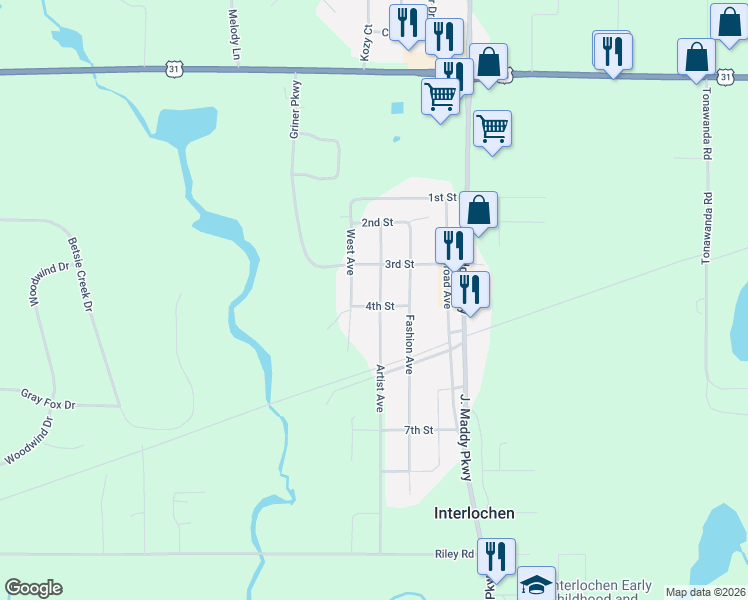 map of restaurants, bars, coffee shops, grocery stores, and more near 2401-2453 Artist Avenue in Interlochen