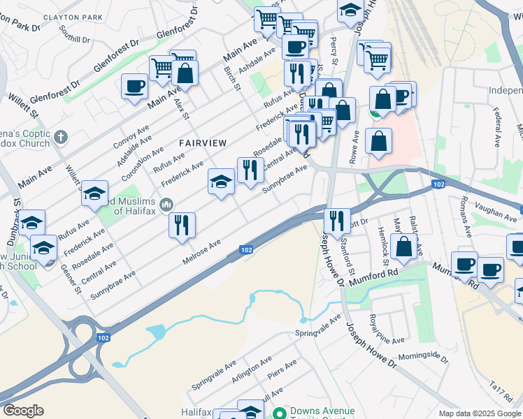 map of restaurants, bars, coffee shops, grocery stores, and more near 53 Melrose Avenue in Halifax