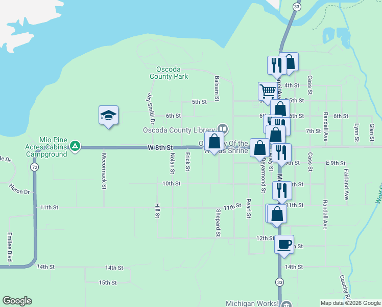 map of restaurants, bars, coffee shops, grocery stores, and more near 120 Frick Street in Mio