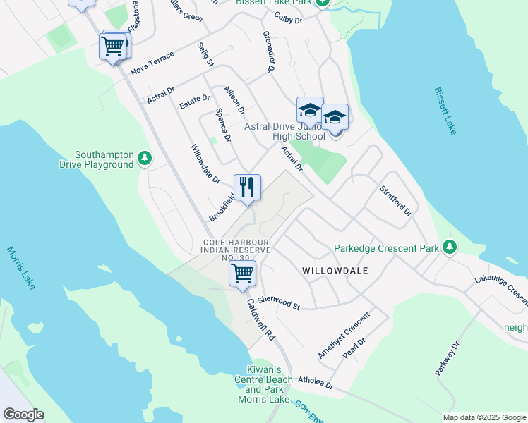 map of restaurants, bars, coffee shops, grocery stores, and more near 154 Willowdale Drive in Dartmouth