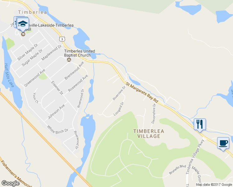 map of restaurants, bars, coffee shops, grocery stores, and more near 29 Riverview Drive in Timberlea