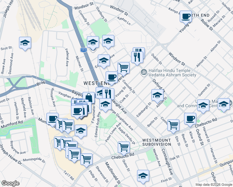map of restaurants, bars, coffee shops, grocery stores, and more near 6571 Young Street in Halifax