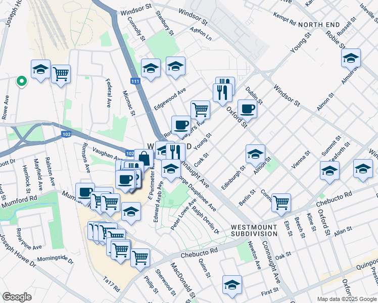 map of restaurants, bars, coffee shops, grocery stores, and more near 6571 Young Street in Halifax