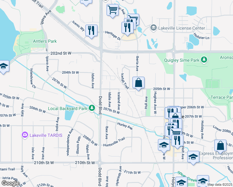 map of restaurants, bars, coffee shops, grocery stores, and more near 20525 Iceland Avenue in Lakeville