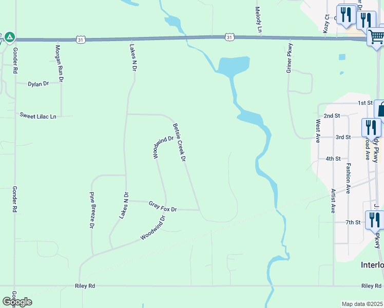 map of restaurants, bars, coffee shops, grocery stores, and more near Betsie Creek Dr in Interlochen
