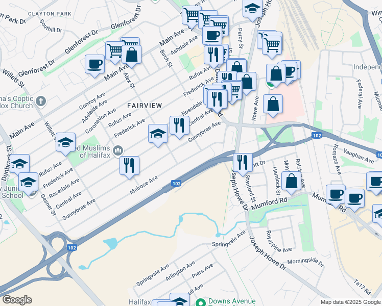 map of restaurants, bars, coffee shops, grocery stores, and more near 53 Melrose Avenue in Halifax