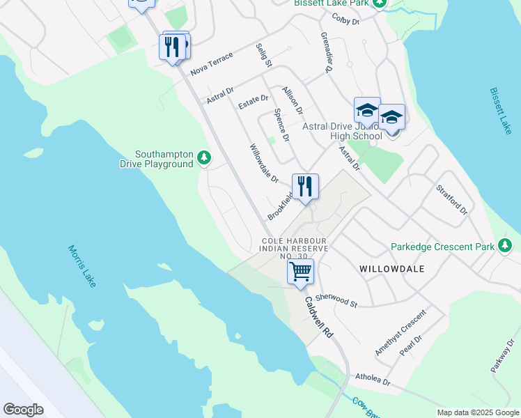 map of restaurants, bars, coffee shops, grocery stores, and more near 538 Caldwell Road in Dartmouth