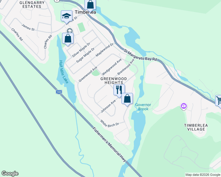 map of restaurants, bars, coffee shops, grocery stores, and more near 84 Timberlea Street in Timberlea