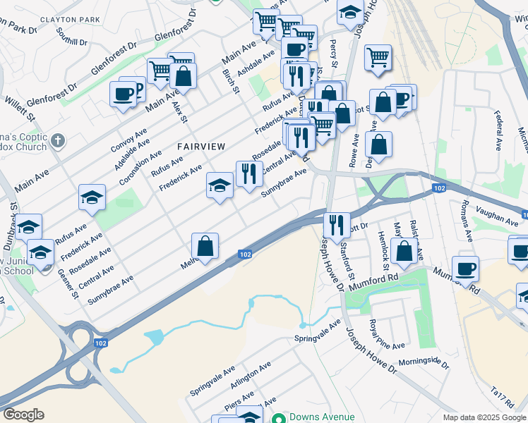 map of restaurants, bars, coffee shops, grocery stores, and more near 53 Melrose Avenue in Halifax