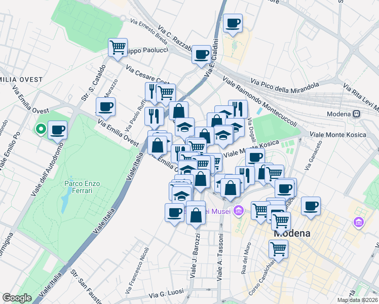 map of restaurants, bars, coffee shops, grocery stores, and more near 52 Viale Gaetano Storchi in Modena