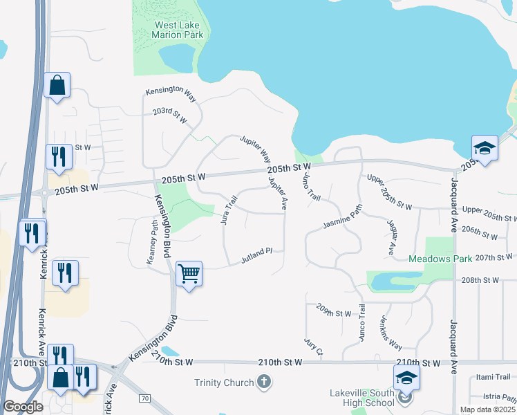 map of restaurants, bars, coffee shops, grocery stores, and more near 20571 Jupiter Path in Lakeville