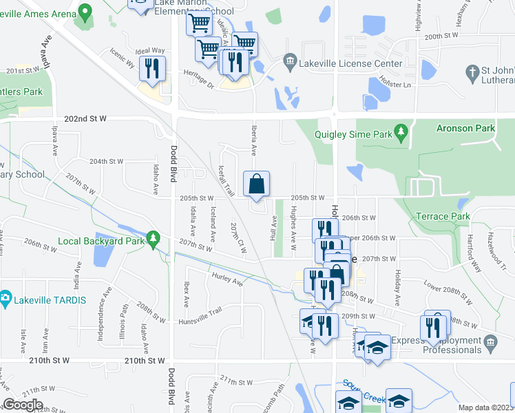 map of restaurants, bars, coffee shops, grocery stores, and more near 8960 205th Street West in Lakeville