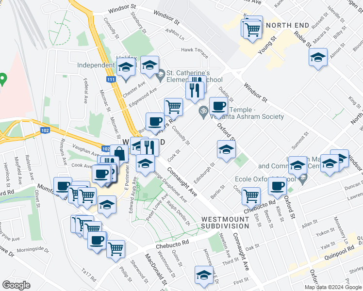 map of restaurants, bars, coffee shops, grocery stores, and more near 6527 Cork Street in Halifax