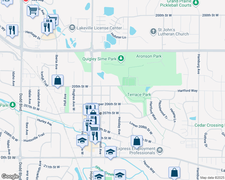 map of restaurants, bars, coffee shops, grocery stores, and more near 20520 Hollins Avenue West in Lakeville