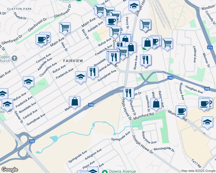 map of restaurants, bars, coffee shops, grocery stores, and more near 24 Melrose Avenue in Halifax