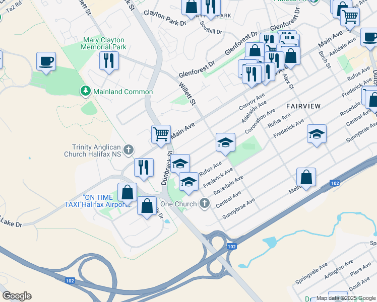 map of restaurants, bars, coffee shops, grocery stores, and more near 123B Adelaide Avenue in Halifax