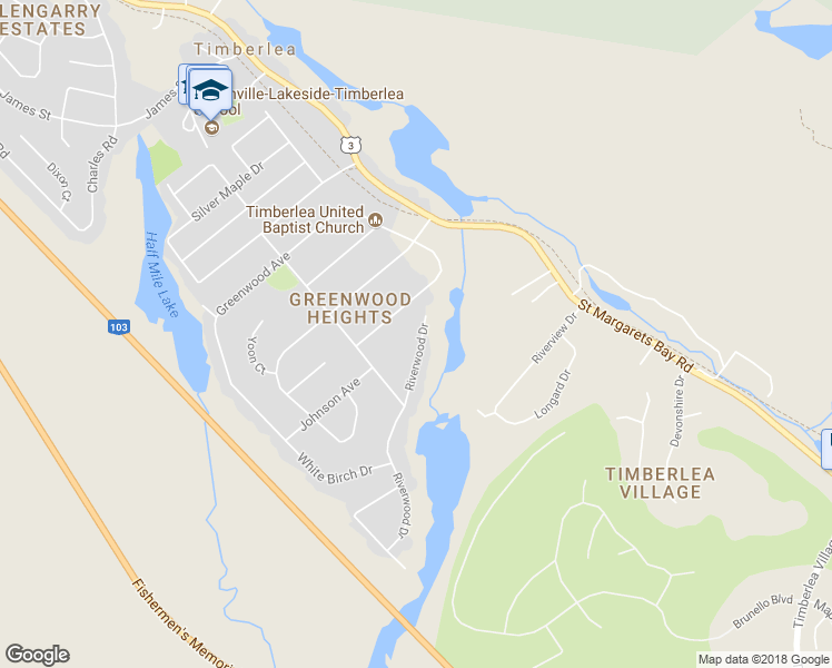 map of restaurants, bars, coffee shops, grocery stores, and more near 23 Riverwood Drive in Timberlea