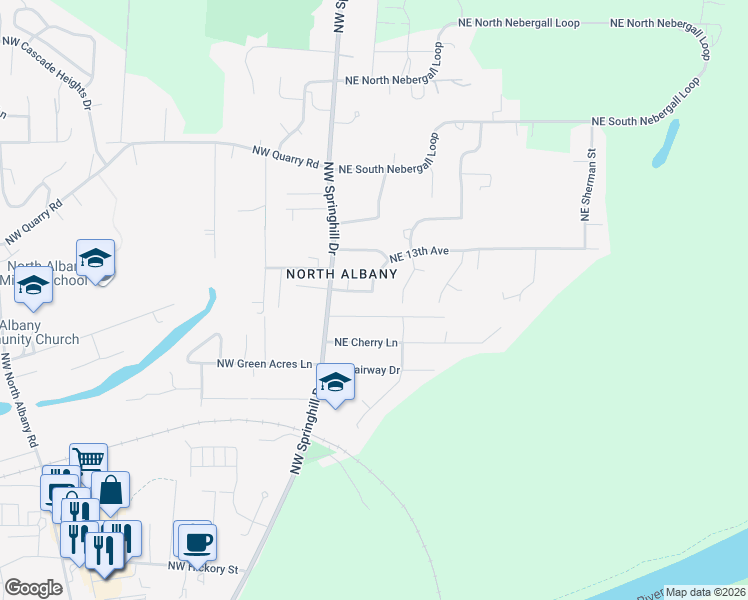 map of restaurants, bars, coffee shops, grocery stores, and more near 238 Northeast Springwood Drive in Albany