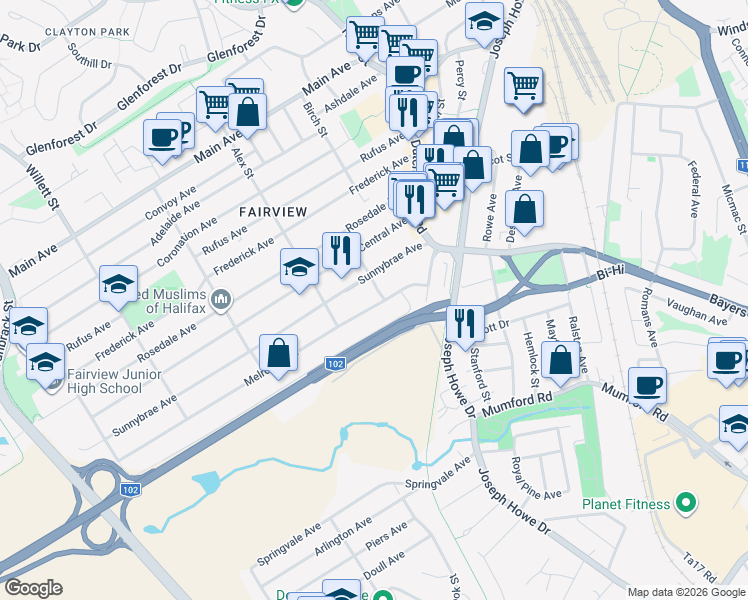 map of restaurants, bars, coffee shops, grocery stores, and more near 45 Melrose Avenue in Halifax