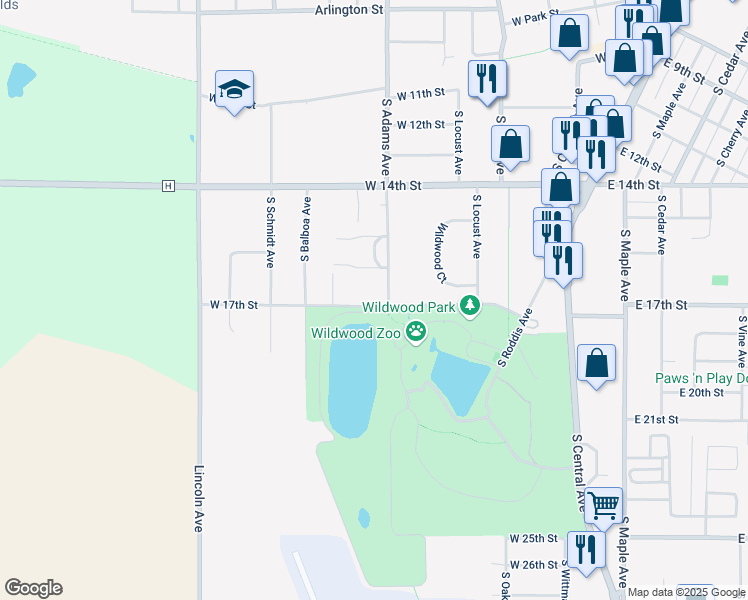 map of restaurants, bars, coffee shops, grocery stores, and more near 703 West 17th Street in Marshfield