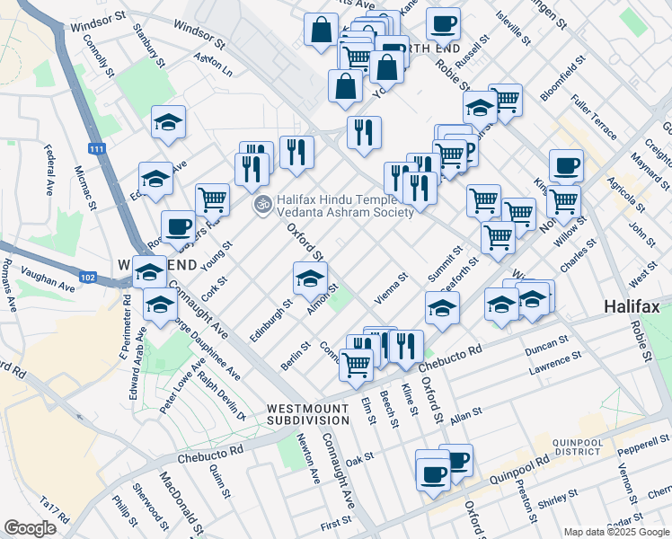 map of restaurants, bars, coffee shops, grocery stores, and more near in Halifax