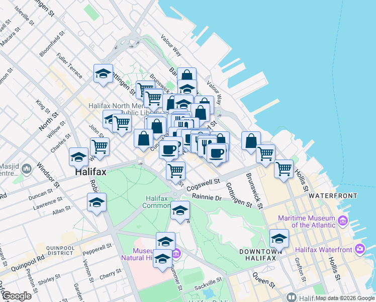 map of restaurants, bars, coffee shops, grocery stores, and more near 5514 Nora Bernard Street in Halifax