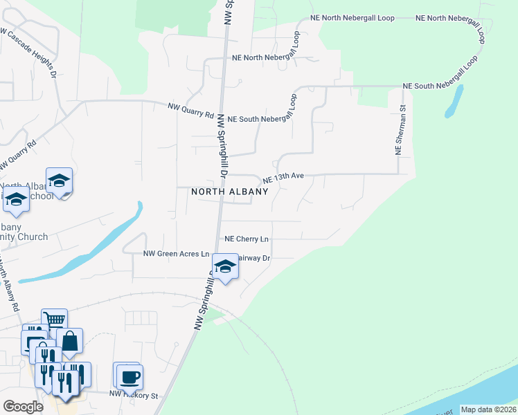 map of restaurants, bars, coffee shops, grocery stores, and more near 238 Northeast Springwood Drive in Albany