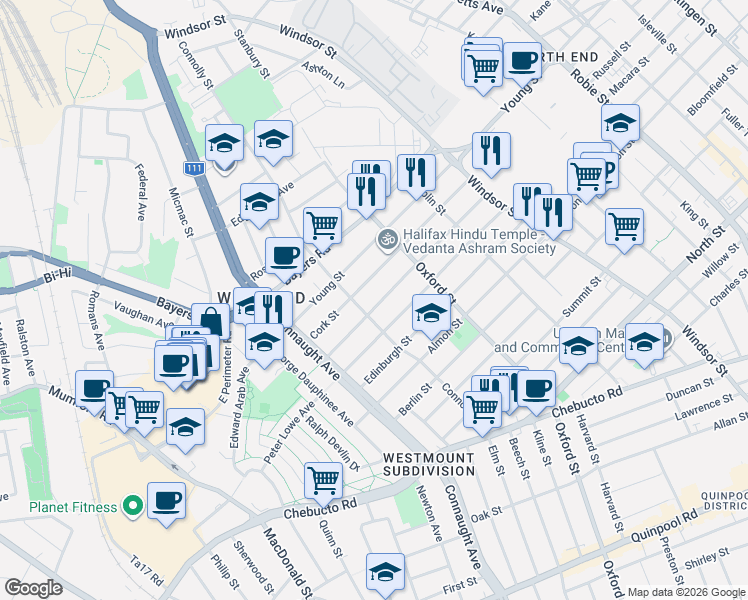 map of restaurants, bars, coffee shops, grocery stores, and more near 6481 Liverpool Street in Halifax