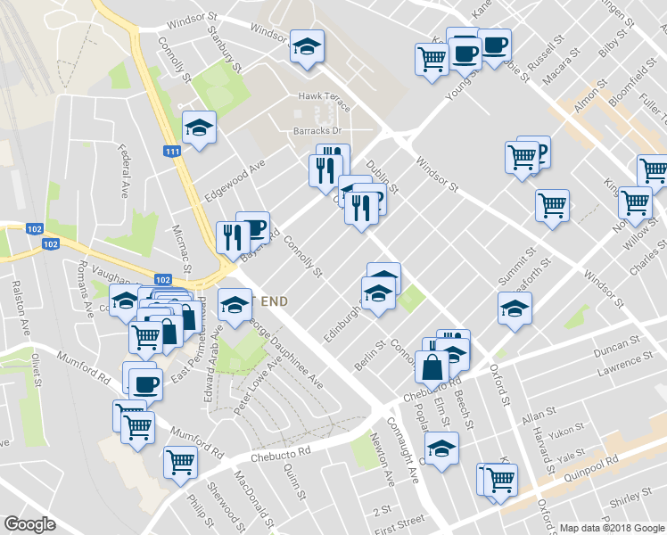 map of restaurants, bars, coffee shops, grocery stores, and more near 6481 Liverpool Street in Halifax