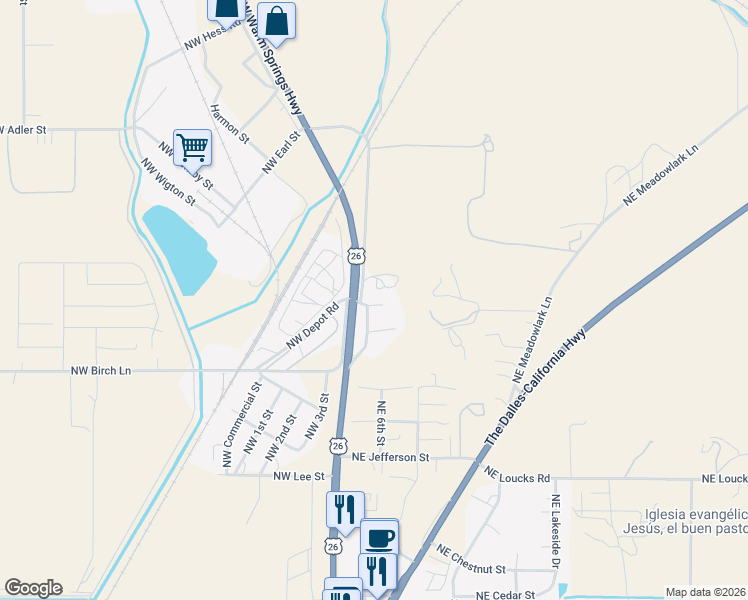 map of restaurants, bars, coffee shops, grocery stores, and more near 38 Northeast Daisy Street in Madras