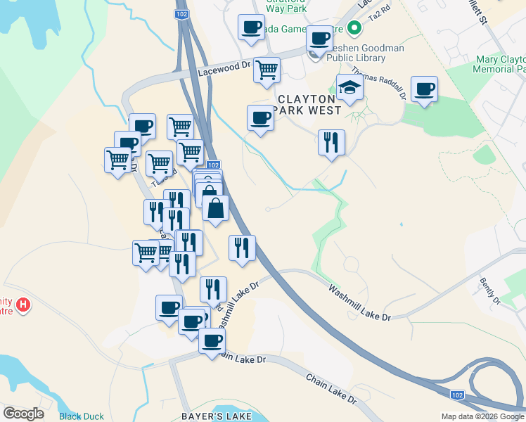 map of restaurants, bars, coffee shops, grocery stores, and more near 109 Greenpark Close in Halifax