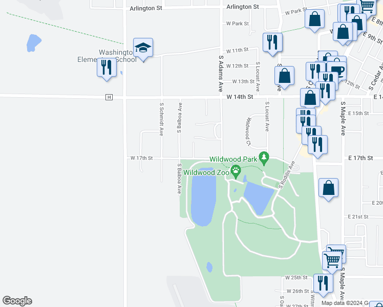 map of restaurants, bars, coffee shops, grocery stores, and more near 857 West 17th Street in Marshfield