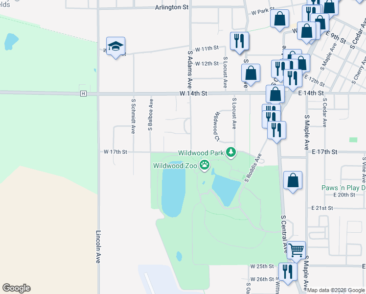 map of restaurants, bars, coffee shops, grocery stores, and more near 721 West 17th Street in Marshfield