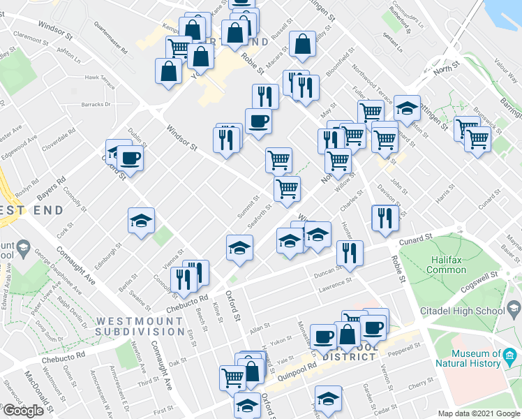 map of restaurants, bars, coffee shops, grocery stores, and more near 6243 Seaforth Street in Halifax