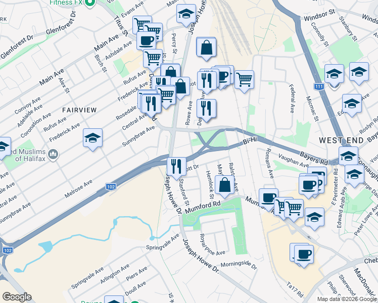 map of restaurants, bars, coffee shops, grocery stores, and more near 3306 Ashburn Avenue in Halifax
