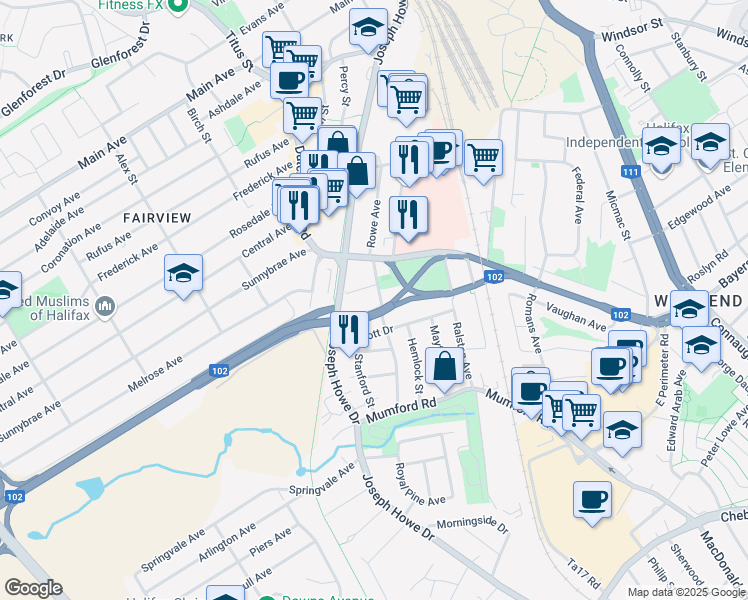 map of restaurants, bars, coffee shops, grocery stores, and more near 3306 Ashburn Avenue in Halifax