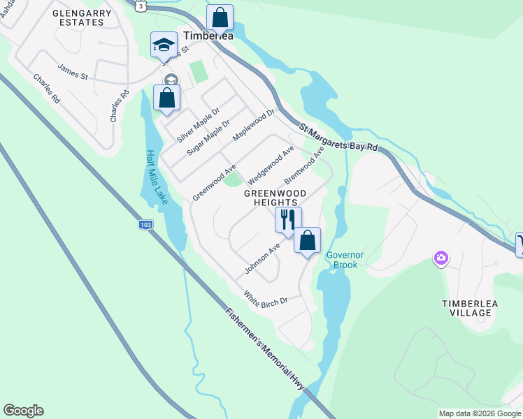 map of restaurants, bars, coffee shops, grocery stores, and more near 84 Timberlea Street in Timberlea