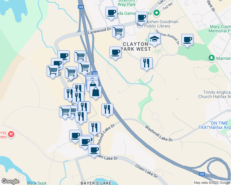 map of restaurants, bars, coffee shops, grocery stores, and more near 109 Greenpark Close in Halifax
