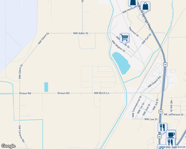 map of restaurants, bars, coffee shops, grocery stores, and more near 1132 Northwest Golf Course Drive in Madras