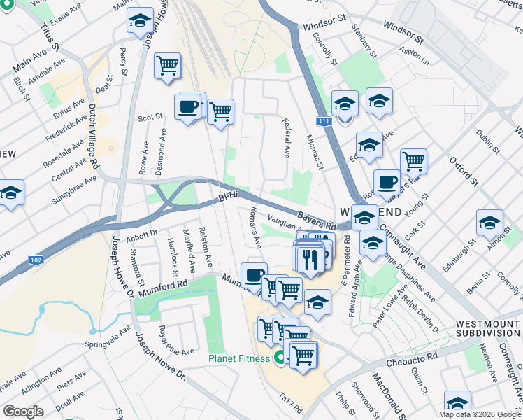 map of restaurants, bars, coffee shops, grocery stores, and more near 6937 Vaughan Avenue in Halifax