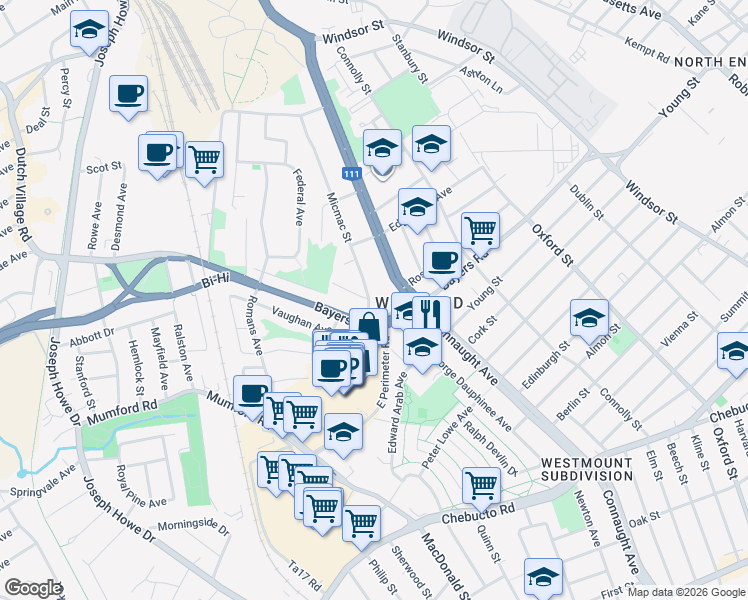 map of restaurants, bars, coffee shops, grocery stores, and more near 3175 Micmac Street in Halifax