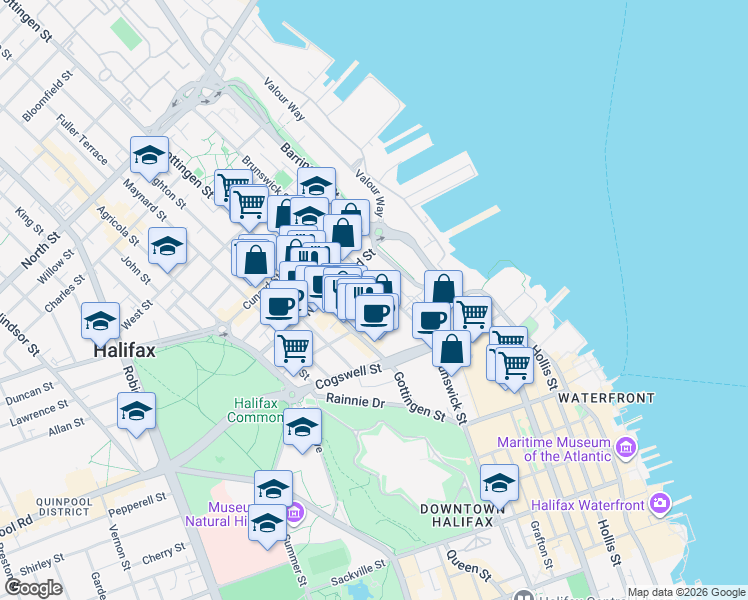 map of restaurants, bars, coffee shops, grocery stores, and more near 5411 Saunders Lane in Halifax