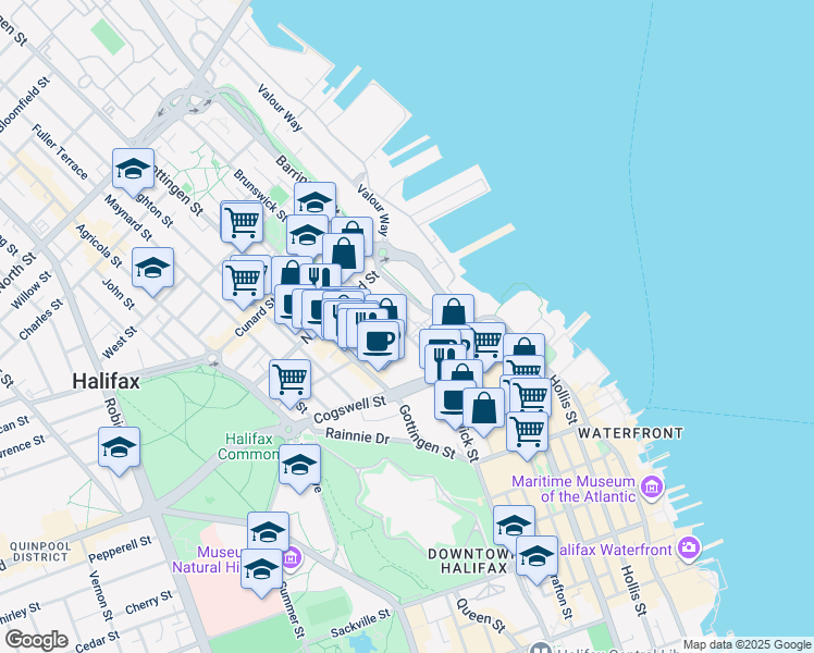 map of restaurants, bars, coffee shops, grocery stores, and more near 2073 Brunswick Street in Halifax