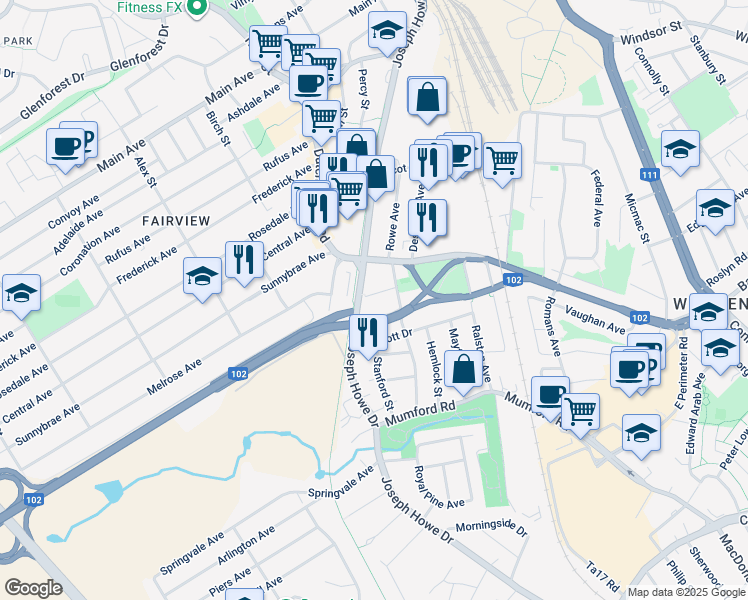 map of restaurants, bars, coffee shops, grocery stores, and more near 7132 Spruce Street in Halifax