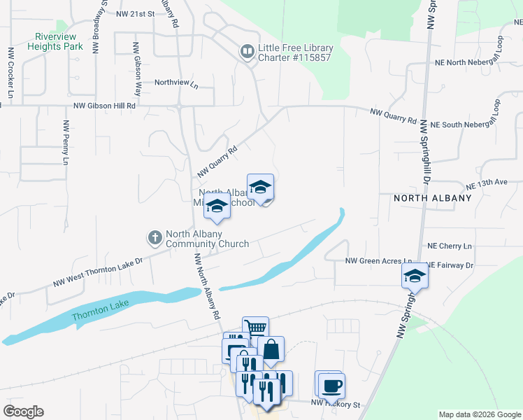 map of restaurants, bars, coffee shops, grocery stores, and more near 1205 Northwest North Albany Road in Albany