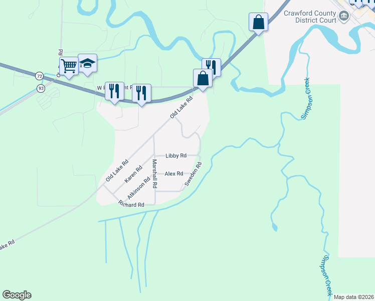 map of restaurants, bars, coffee shops, grocery stores, and more near 6055-6499 Libby Road in Grayling