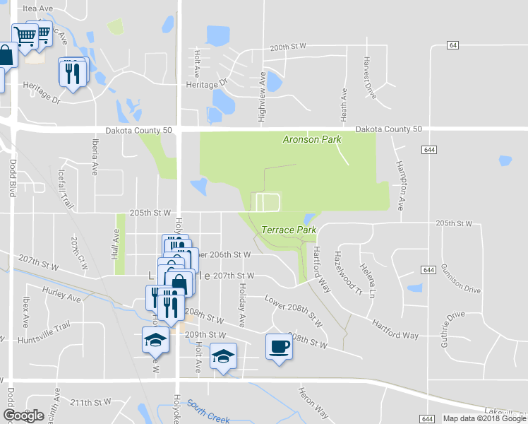 map of restaurants, bars, coffee shops, grocery stores, and more near 7947 205th Street West in Lakeville