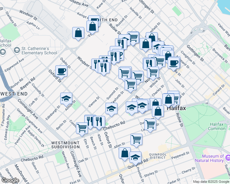 map of restaurants, bars, coffee shops, grocery stores, and more near 6252 Summit Street in Halifax