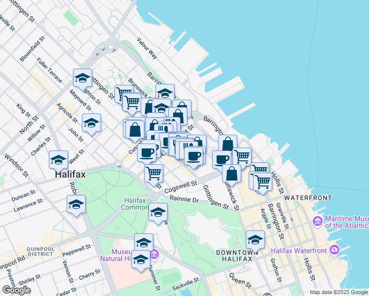 map of restaurants, bars, coffee shops, grocery stores, and more near 2143 Maitland Street in Halifax